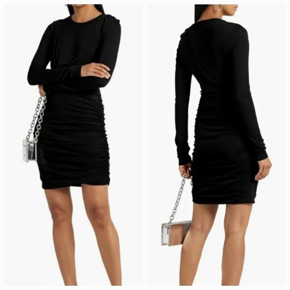 New Rag And Bone Holly Wrap-Effect Ruched Stretch-Jersey Mini Dress Black